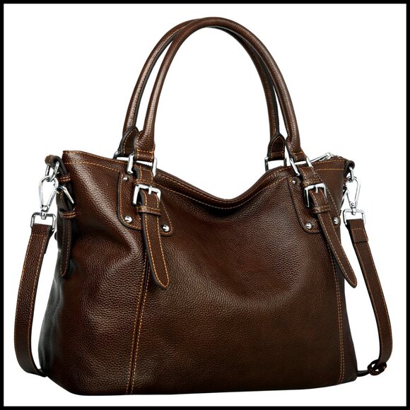 Handbags - Genuine Leather Tote Shoulder Bag with Adjustable Strap, Medium Size